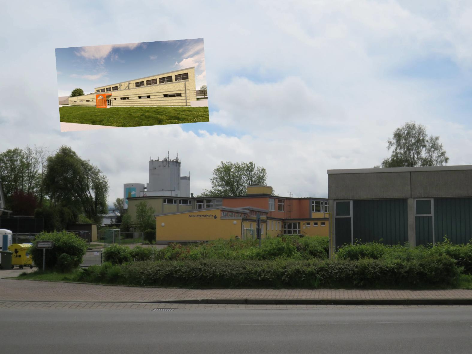 Foto(© Gemeinde Lehre)+Bild(Die Planschmiede2KS): Dort entsteht in zwei Abschnitten die neue Sporthalle in Flechtorf.