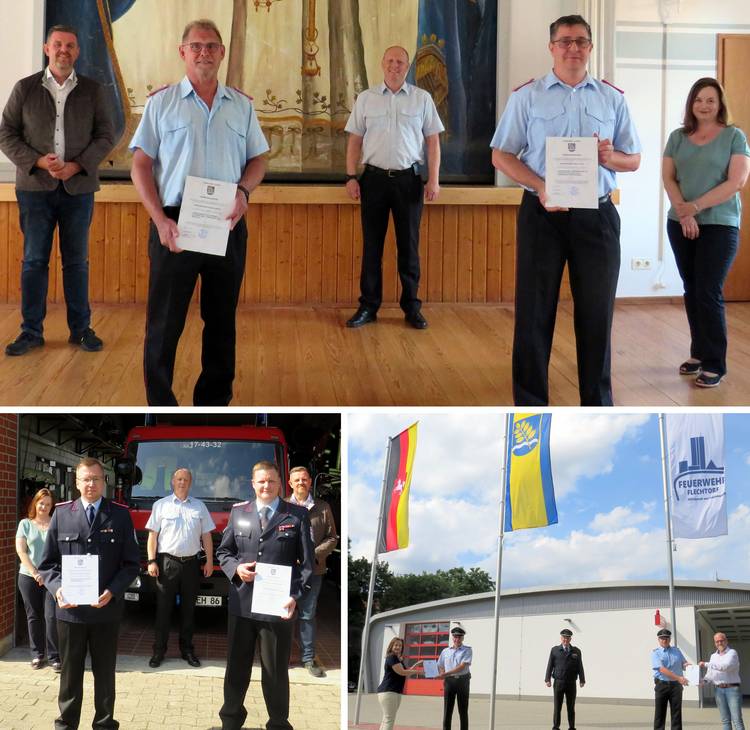 Fotos (© Gemeinde Lehre): Bei drei Ortsfeuerwehren erhielten die Ortsbrandmeister und ihre Vertreter jetzt ihre Ernennungsurkunden.