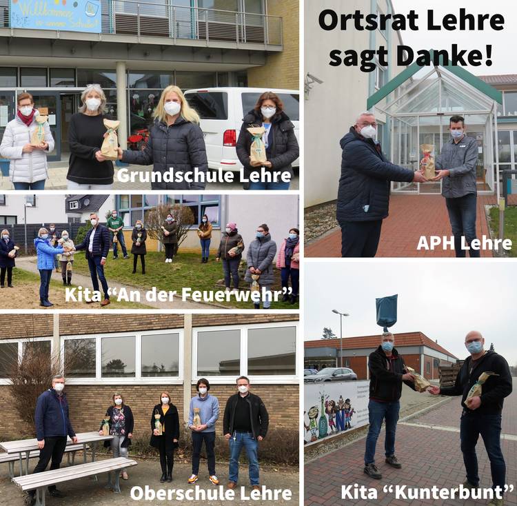 Foto (Collage Gemeinde Lehre): Der Ortsrat Lehre dankte den Einrichtungen seiner Ortschaft.