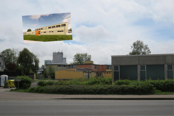 Bild vergr&ouml;&szlig;ern: Foto(© Gemeinde Lehre)+Bild(Die Planschmiede2KS): Dort entsteht in zwei Abschnitten die neue Sporthalle in Flechtorf.