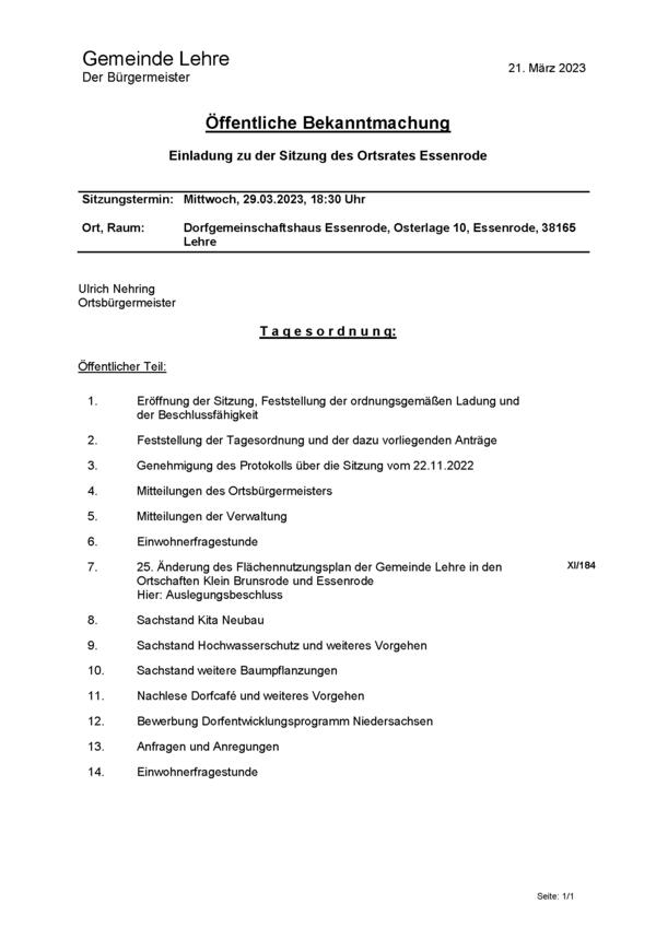 Bild vergr&ouml;&szlig;ern: Foto (© Gemeinde Lehre): Bekanntmachung der Sitzung vom Ortsrat Essenrode am 29. März 2023