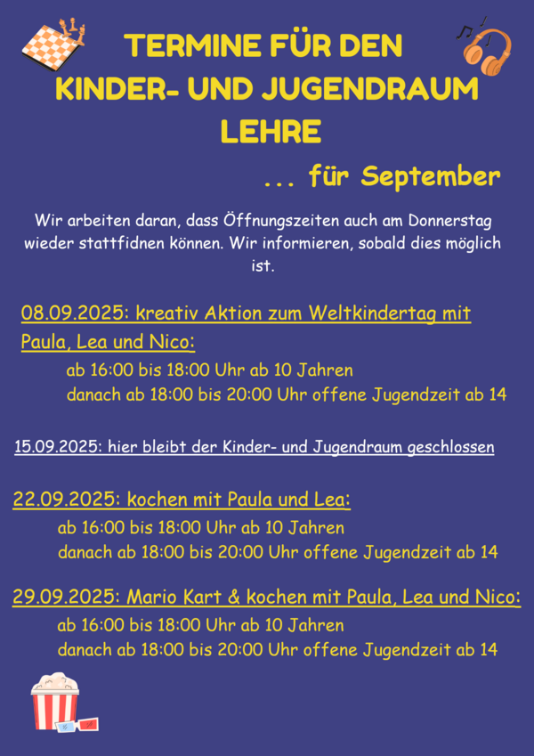 Bild vergr&ouml;&szlig;ern: Die aktuellen Veranstaltungen im Jugendraum Lehre.