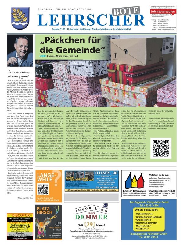 Bild vergr&ouml;&szlig;ern: Das Tielblatt der November-Ausgabe der Gemeindezeitung Lehrscher Bote.