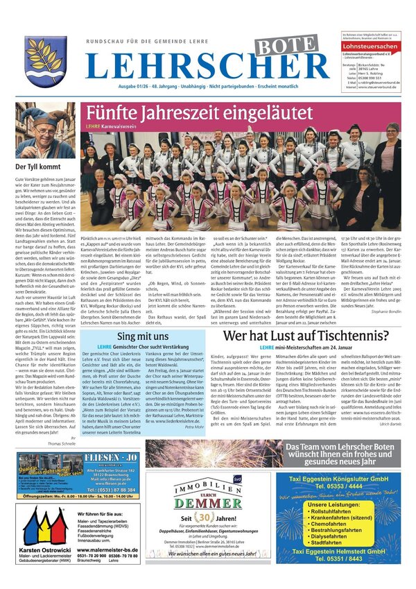 Bild vergr&ouml;&szlig;ern: Das Titelbaltt der aktuellen Ausgabe der Gemeindezeitung Lehrscher Bote im Januar.
