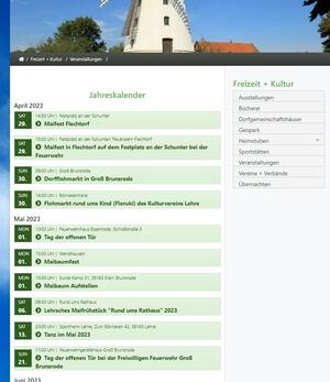 Bild vergr&ouml;&szlig;ern: Screenshot (Quelle: Gemeinde Lehre): Der Kalender auf der Homepage der Gemeinde Lehre informiert über Veranstaltungen in den acht Ortschaften. Das Meldeformular macht eine Meldung einfach und schnell.