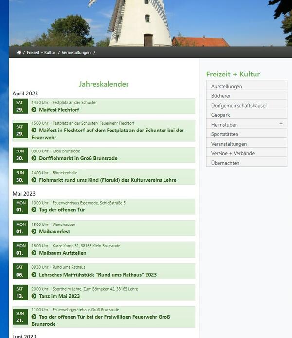 Bild vergr&ouml;&szlig;ern: Screenshot (Quelle: Gemeinde Lehre): Der Kalender auf der Homepage der Gemeinde Lehre informiert über Veranstaltungen in den acht Ortschaften. Das Meldeformular macht eine Meldung einfach und schnell.