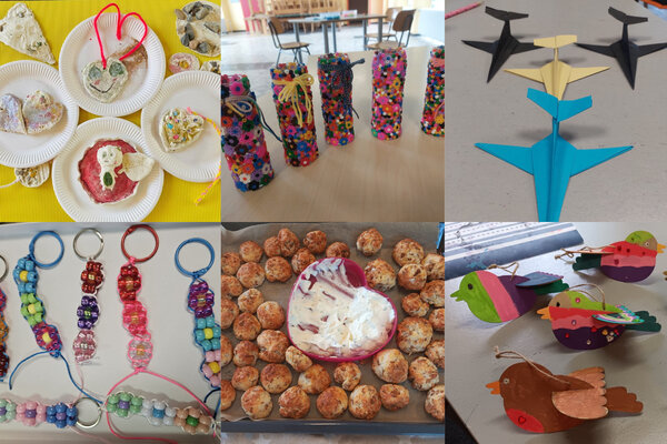 Bild vergr&ouml;&szlig;ern: Ein Collage aus sechs Bildern auf denen selbst gebastelte Anhänger, Vasen aus Bügelperlen, Papierflieger, Schlüsselanhänger, Papiervögel und selbst gebackene Räuberbrötchen mit Quarkdip zusehen sind.