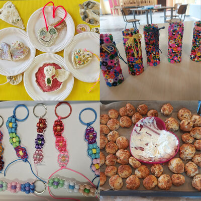 Ein Collage aus sechs Bildern auf denen selbst gebastelte Anhänger, Vasen aus Bügelperlen, Papierflieger, Schlüsselanhänger, Papiervögel und selbst gebackene Räuberbrötchen mit Quarkdip zusehen sind.
