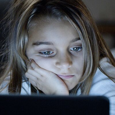 Bild vergr&ouml;&szlig;ern: Ein etwa sechsjähriges Mädchen schaut mit einem traurigen Gesichtsausdruck auf einen Computerbildschirm