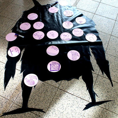 Bild vergr&ouml;&szlig;ern: A,Auf dem Boden liegt der Umriss eines schwarzen "Motzmonsters". Darauf sind farbige "Motzpickel" verteilt. Auf die bunten Papierpunkte haben die Kinder geschrieben und gemalt, was Ihnen am jetzigen Spielplatz nicht gefällt.