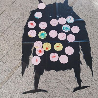 Bild vergr&ouml;&szlig;ern: Auf dem Boden liegt der Umriss eines schwarzen "Motzmonsters". Darauf sind farbige "Motzpickel" verteilt. Auf die bunten Papierpunkte haben die Kinder geschrieben und gemalt, was Ihnen am jetzigen Spielplatz nicht gefällt.