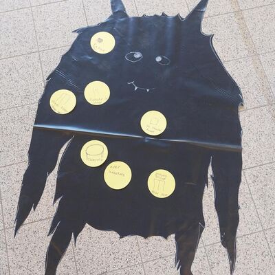 Bild vergr&ouml;&szlig;ern: Auf dem Boden liegt der Umriss eines schwarzen "Motzmonsters". Darauf sind farbige "Motzpickel" verteilt. Auf die bunten Papierpunkte haben die Kinder geschrieben und gemalt, was Ihnen am jetzigen Spielplatz nicht gefällt.