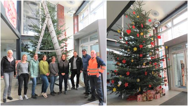 Bild vergr&ouml;&szlig;ern: Foto (© Gemeinde Lehre): Das traditionelle Weihnachtsbaumschmücken mit Inka Müller, Katharina Walkemeyer, Ines Ruhe, Julia Kudlatschek und Nicole Behlendorf sowie Christian Gerike, Michael Holzhauer und Klaus Wiegmann.
